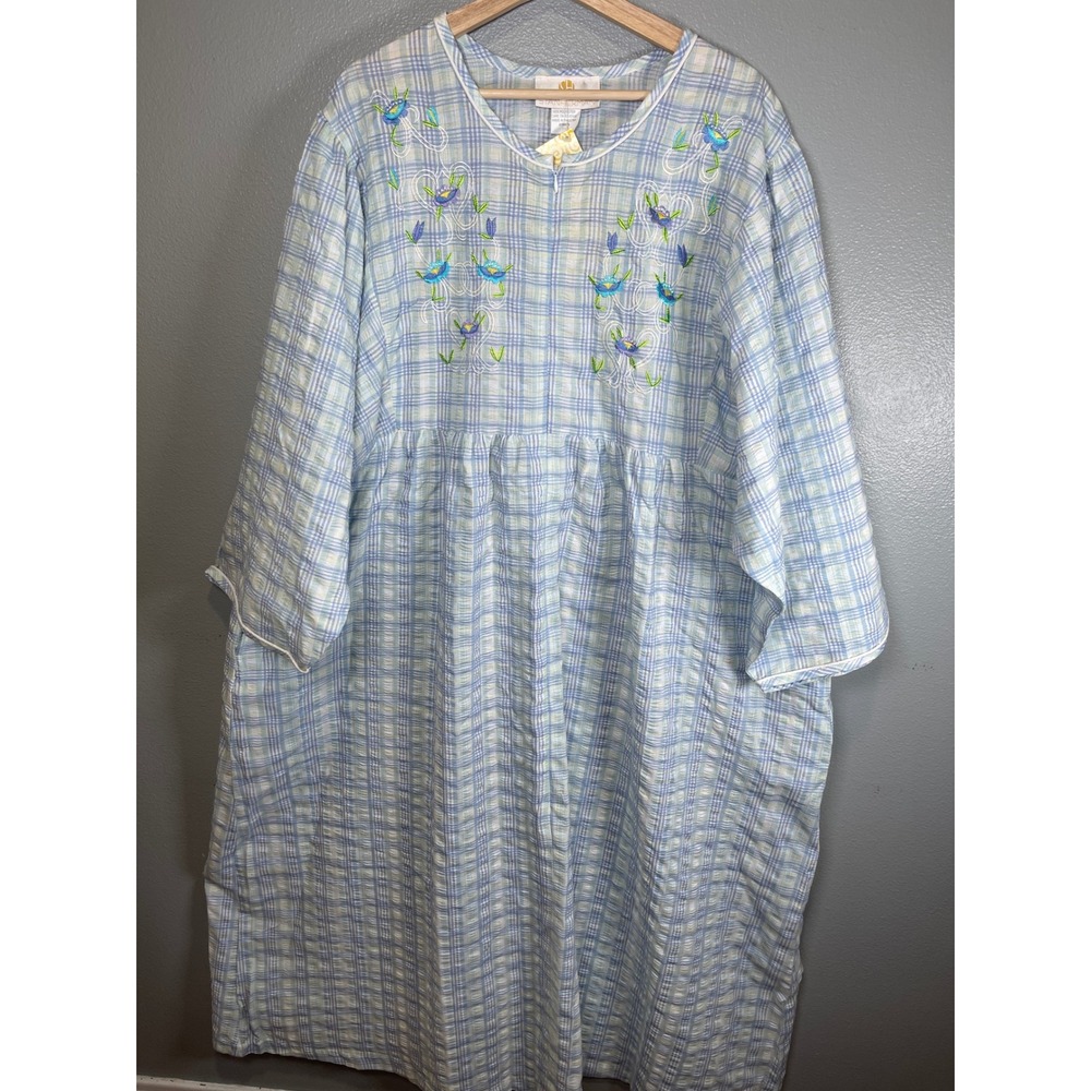 Stan Herman Women's Plus size 3X Blue Plaid Seersucker Front Zip House‎ Coat NWT